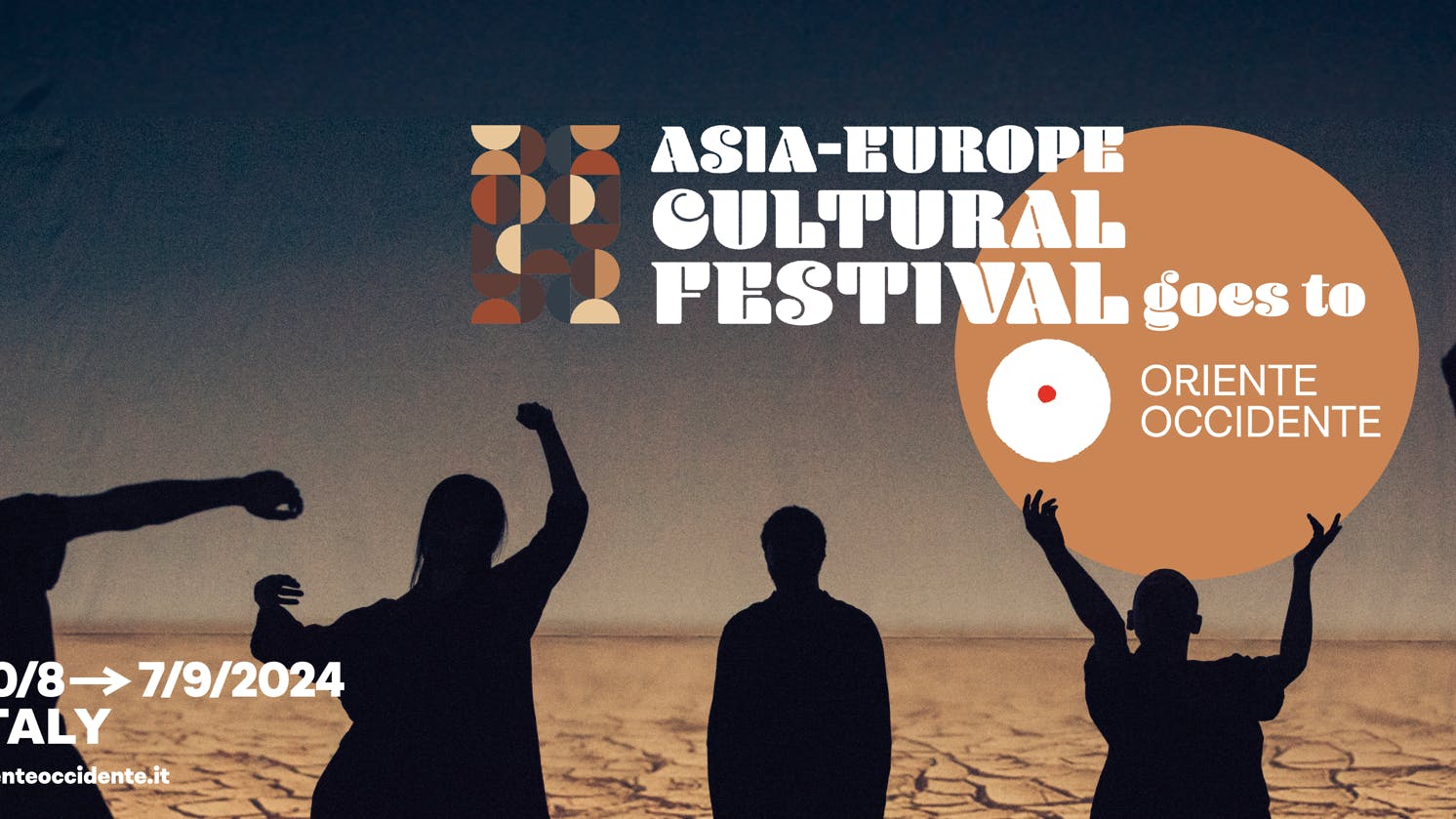 Asia-Europe Cultural Festival 2024 Poster Poster with the words Asia-Europe Cultural Festival goes to Oriente Occidente in the centre. The picture represents some figures  dancing in the backlit
