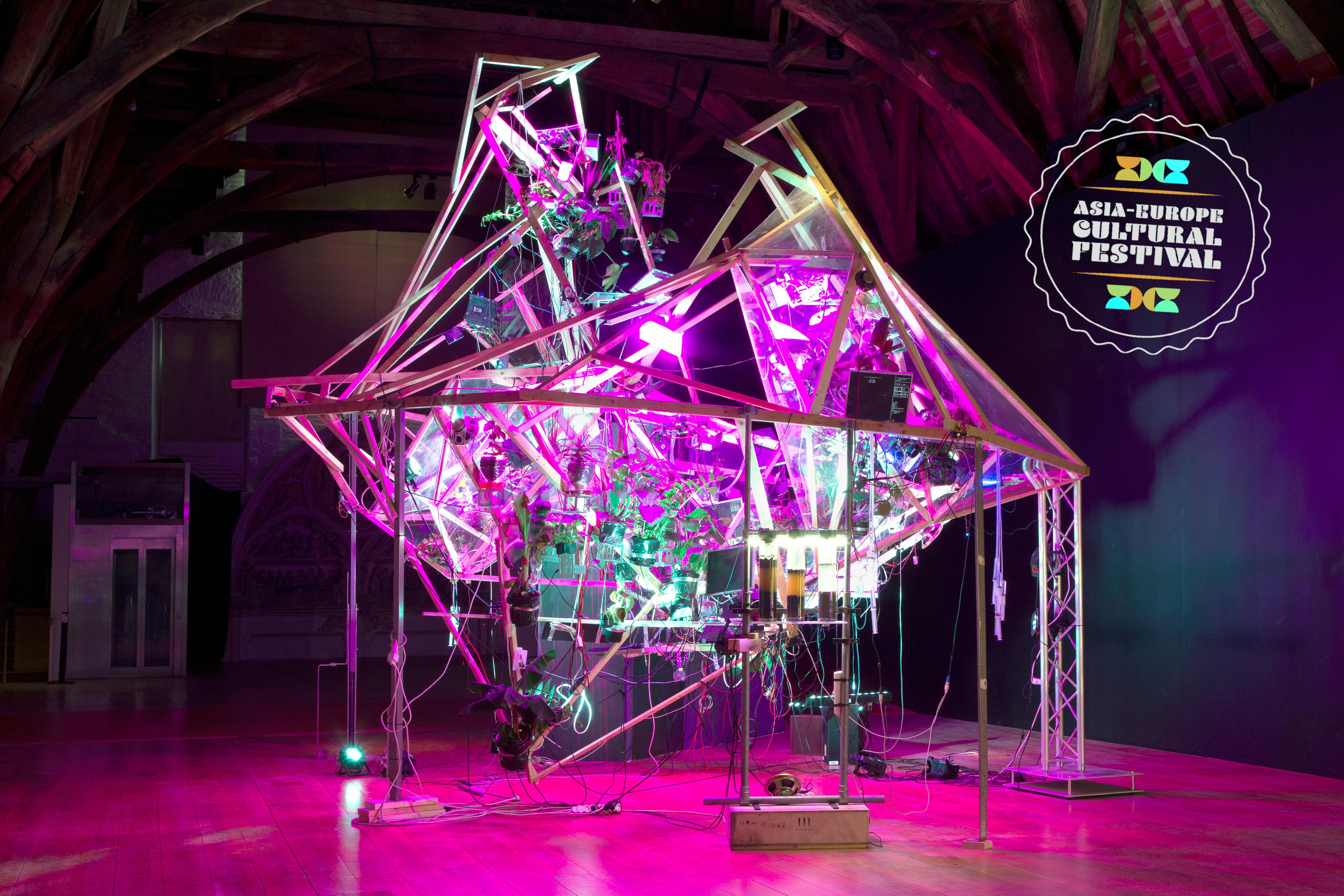Photograph of installation combining plants and natural elements with technology illuminated by pink lights
