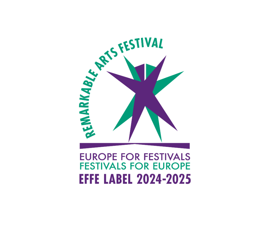 Logo Effe Label viola e verde, scritta "Europe for Festivals Festival for Europe Effe Label 2024-2025"