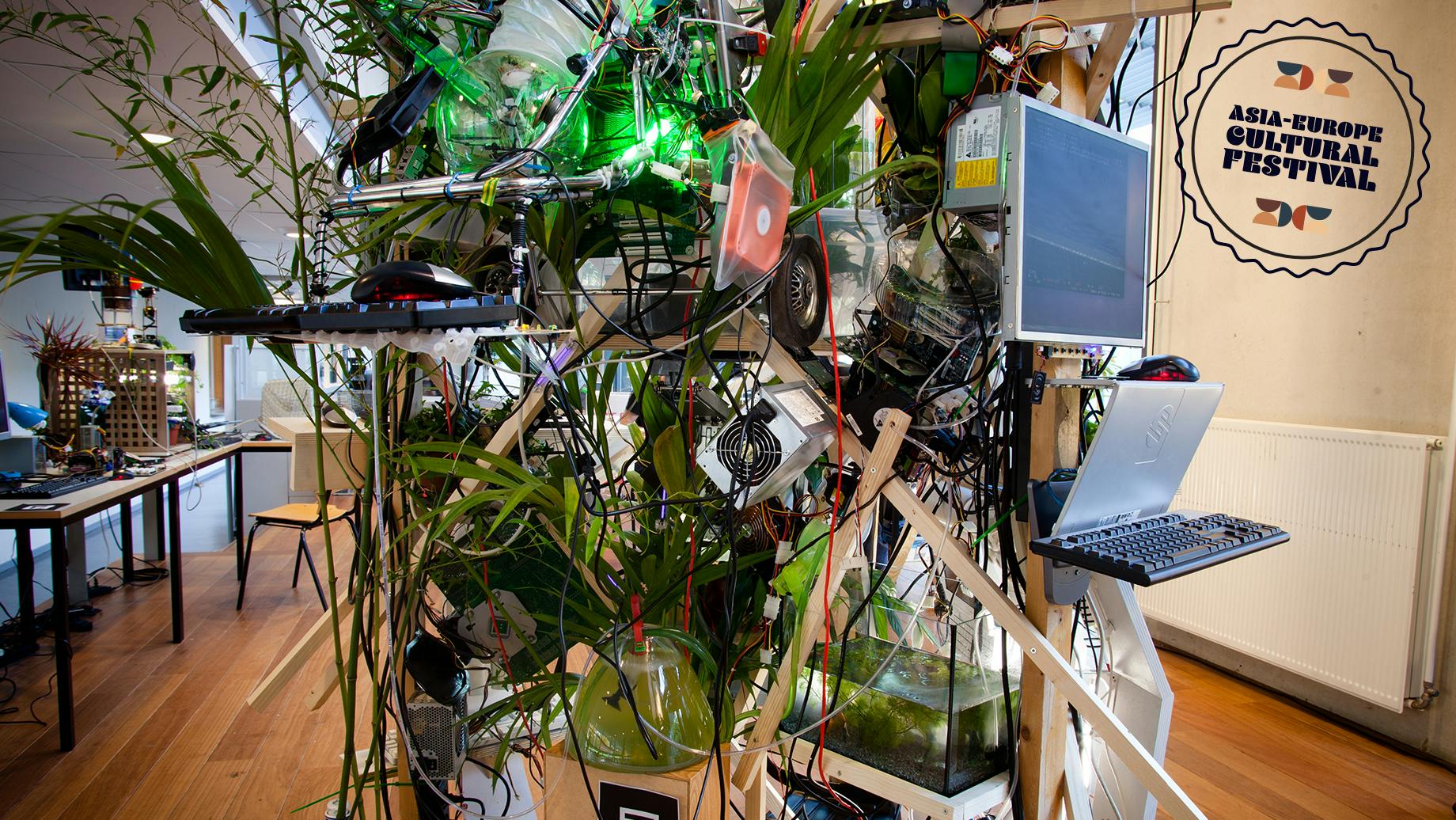 Image of an installation combining plants and technology