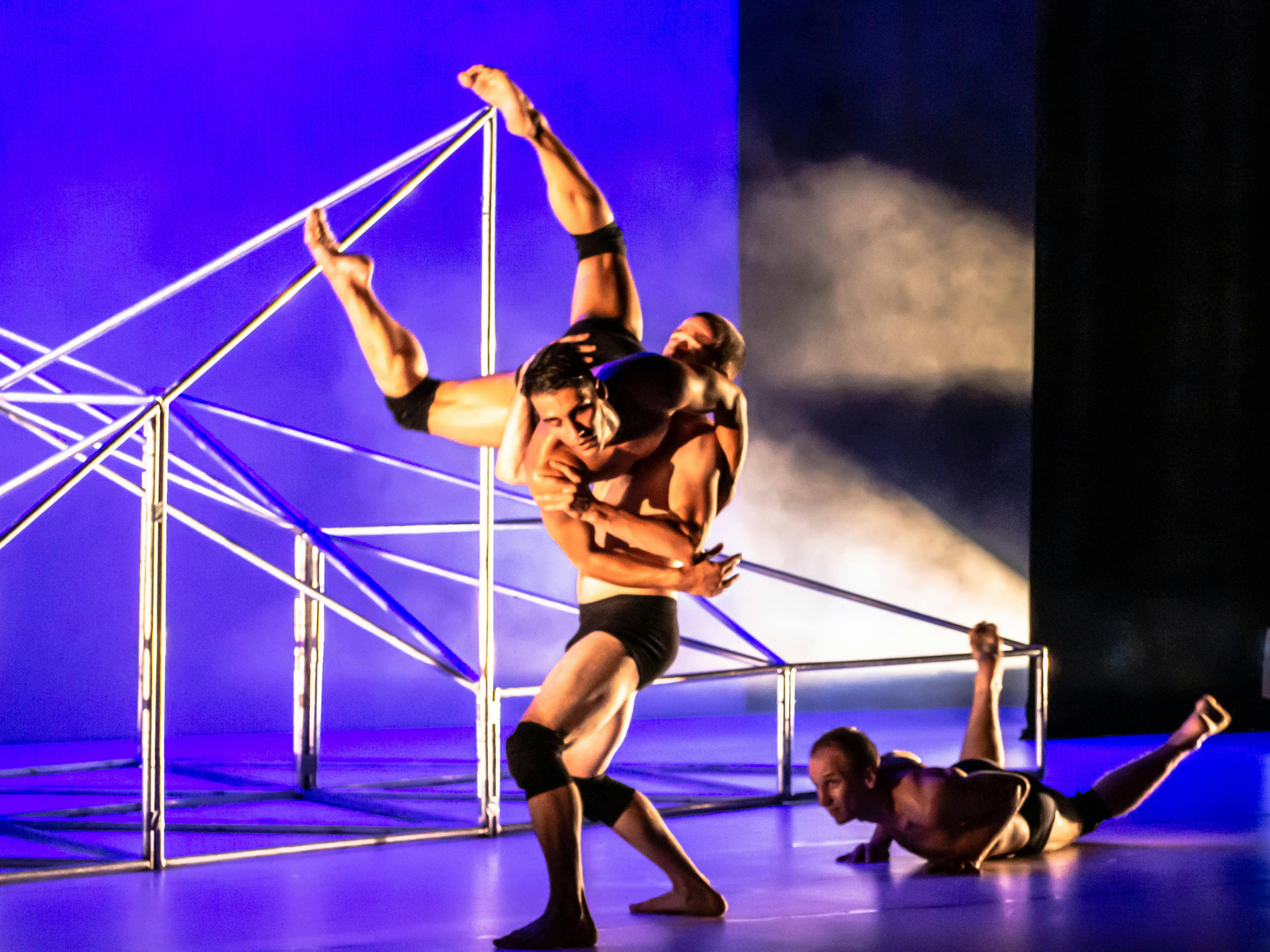 Tre danzatori in scena indossano solo intimo nero. Uno tiene in alto un altro e il terzo è steso a terra. Dietro di loro una struttura di pali metallici