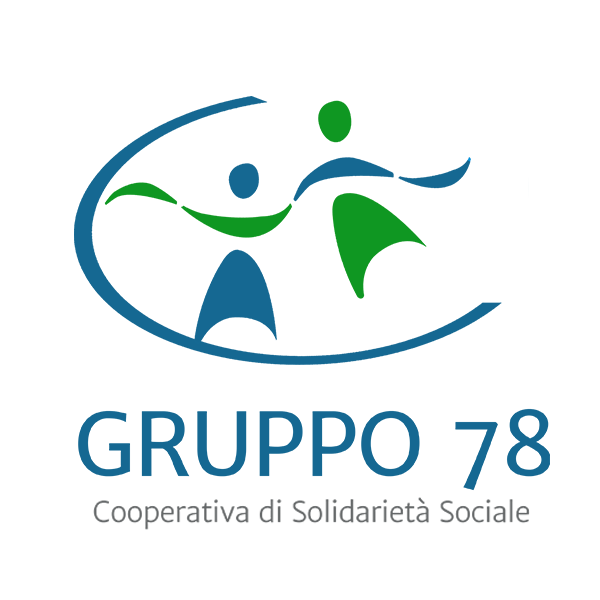 Immagine stilizzata di una persone per mano azzurro e verde con sotto la scritta "GRUPPO 78 Cooperativa di Solidarietà Sociale"