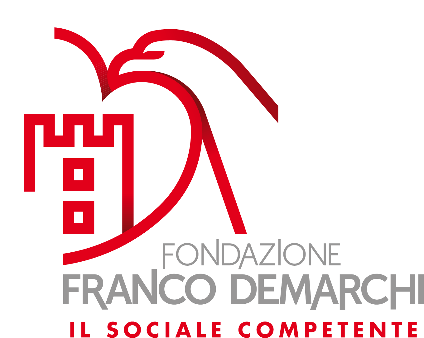 Logo formato da una torre stilizzata rossa, scritta grigia "FONDAZIONE FRANCO DEMARCHI" e sotto la scritta rossa"IL SOCIALE COMPETENTE"