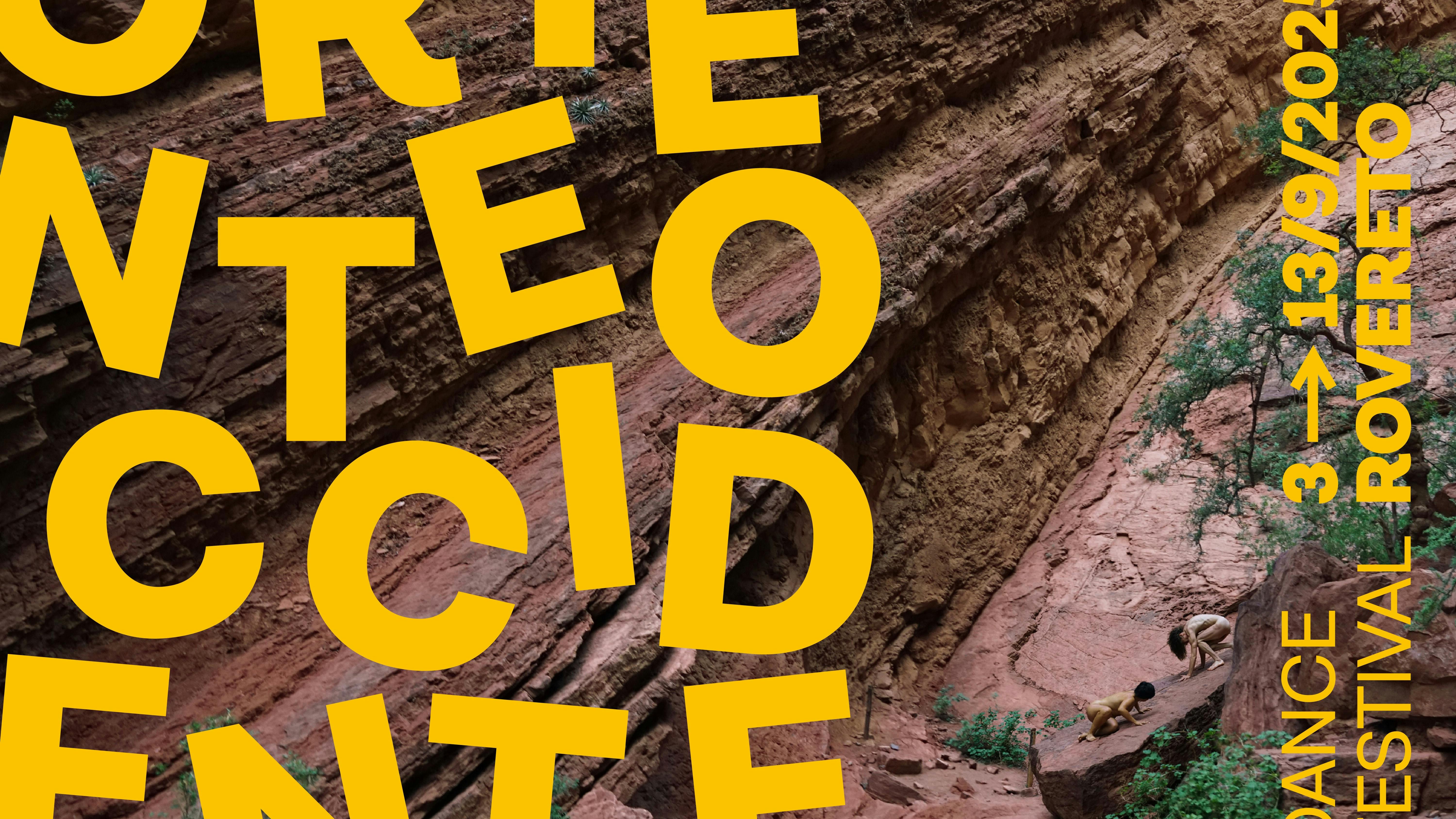 Poster 45esima edizione di Oriente occidente Dance Festival | ph Nina Lisne, graphic work Alessio Periotto A background photograph with two naked dancers on a rock, above which is applied a watermark with the words East West in yellow