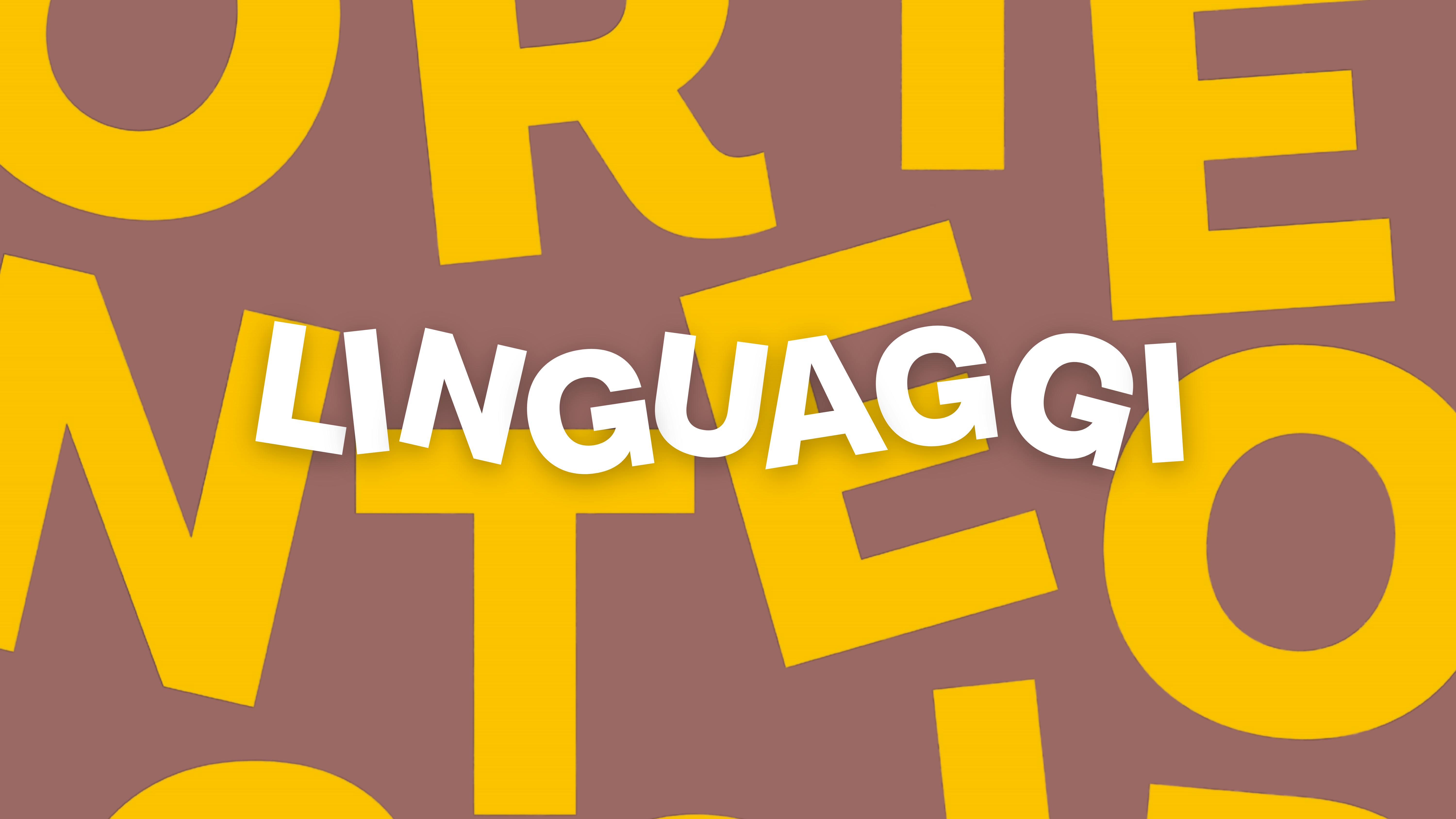 Linguaggi 2025, il ciclo di conferenze che attraversa il Festival Grafica del ciclo di conferenze Linguaggi, scritta bianca su uno sfondo grafico marrone e giallo