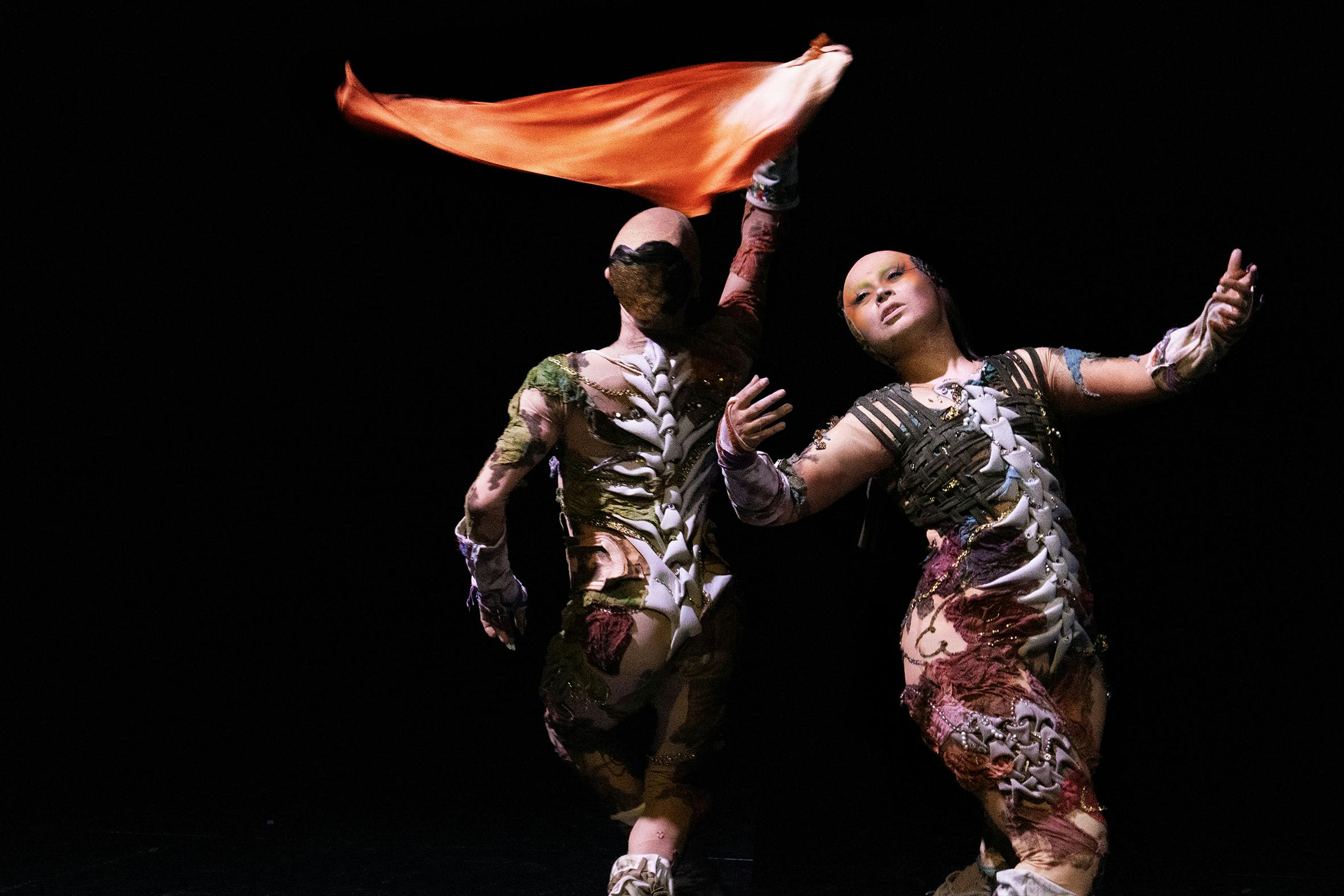 The two performers on stage wear colourful outfits reminiscent of a fantasy world one holds an orange flag