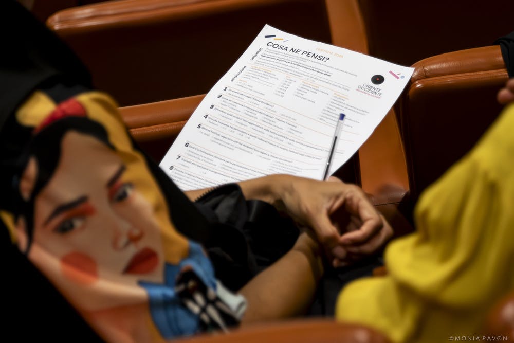 Primo piano di una persona seduta su una poltrona di teatro con in mano un questionario intitolato ‘Cosa ne pensi?’. Tiene in mano una penna blu e si intravede parte di una camicia colorata con un ritratto stilizzato