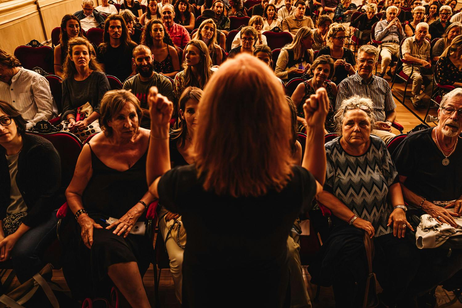 Una platea piena di persone. Di spalle, in primo piano, una traduttrice di lingua dei segni al lavoro