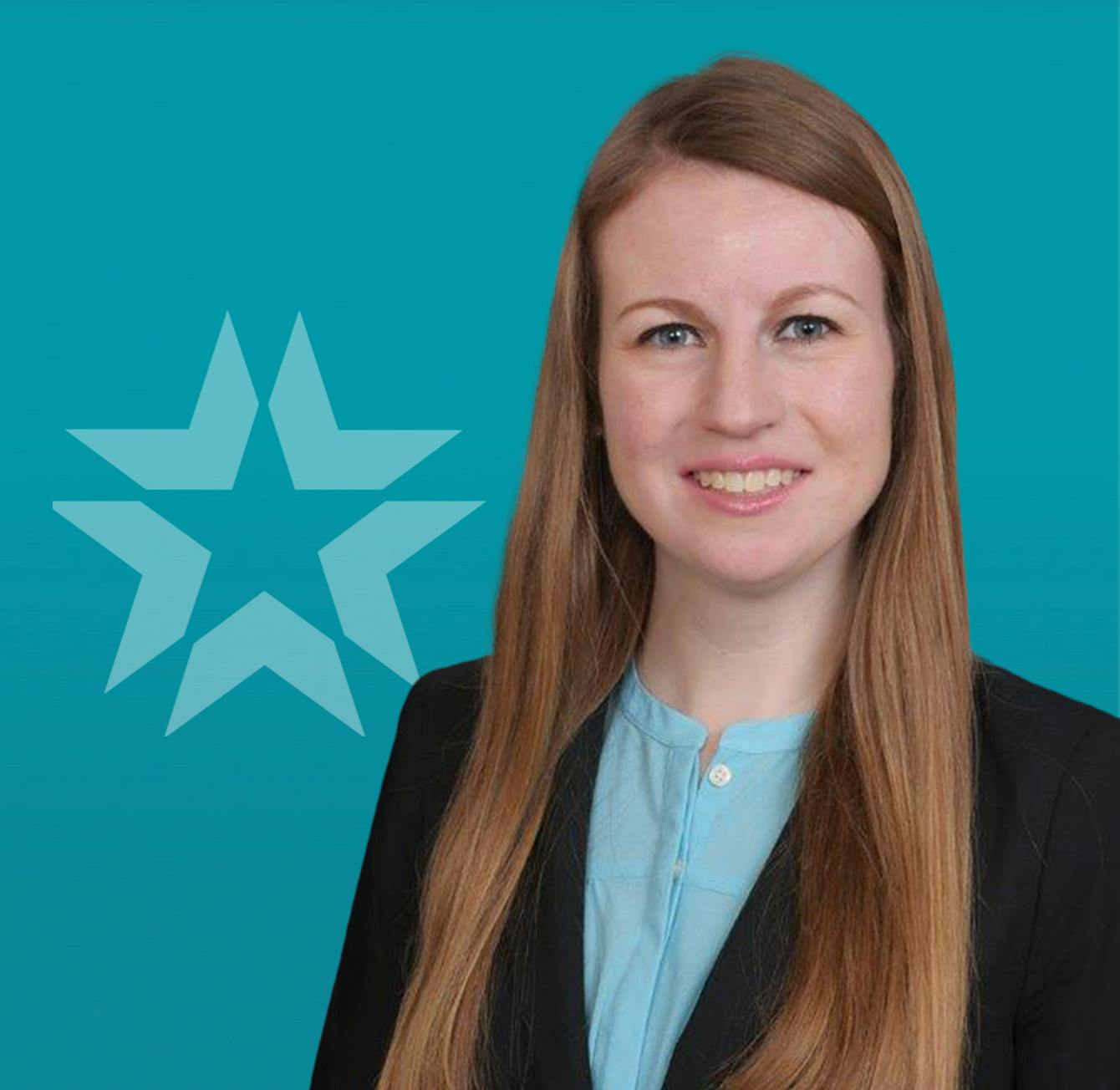 Ashley lenard headshot with a blue background