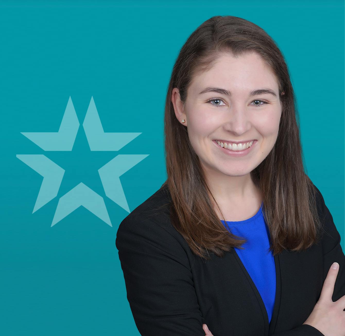 miranda eubank headshot with blue background