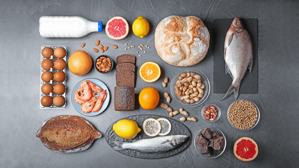 Various food options, including fish, bread, milk and fruits