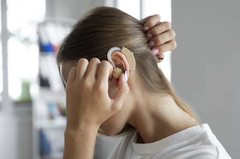 woman adjusting hearing aid