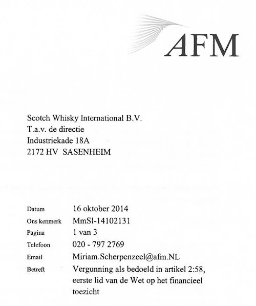 Vergunning AFM met ingang van 16 oktober 2014