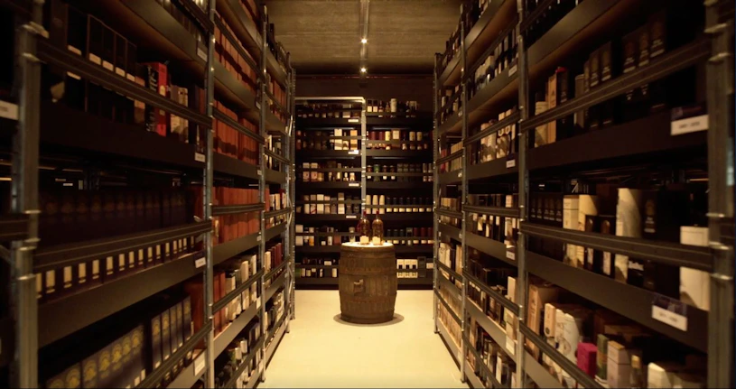 Opslagruimte van Scotch Whisky Investments in Sassenheim met rekken vol hoogwaardige whiskyflessen ter waarde van ongeveer 120 miljoen euro