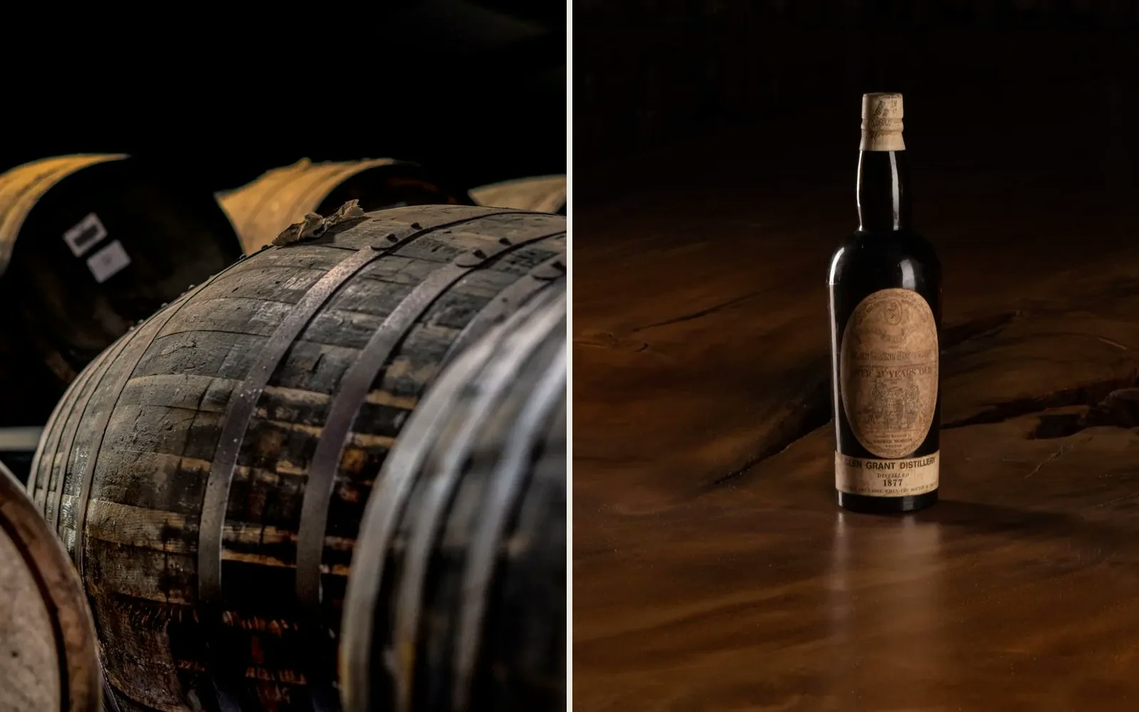 Maturing casks in a warehouse next to a rare bottle of whisky