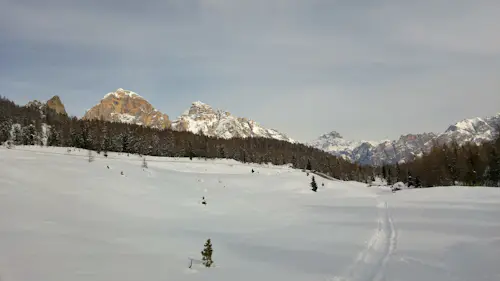 Freeride skiing day in Vallon de Ra Ola on Tofane, near Cortina