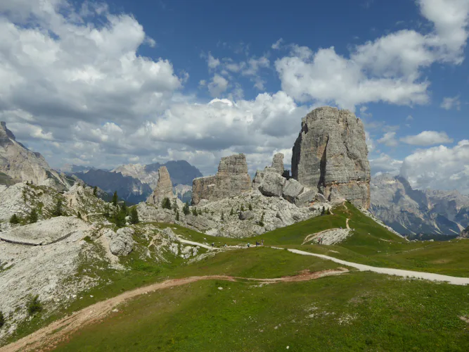 Rock climbing in Cinque Torri, near Cortina, Dolomites