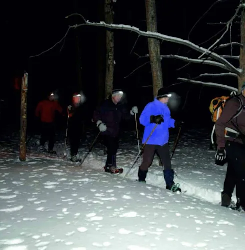 Night snowshoeing adventure in Pessons Forest