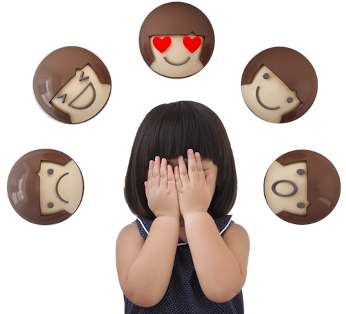 Lego faces with different emotions surround a young girl. The young girl is covering her face