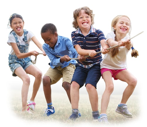 Four young kids play tug of war