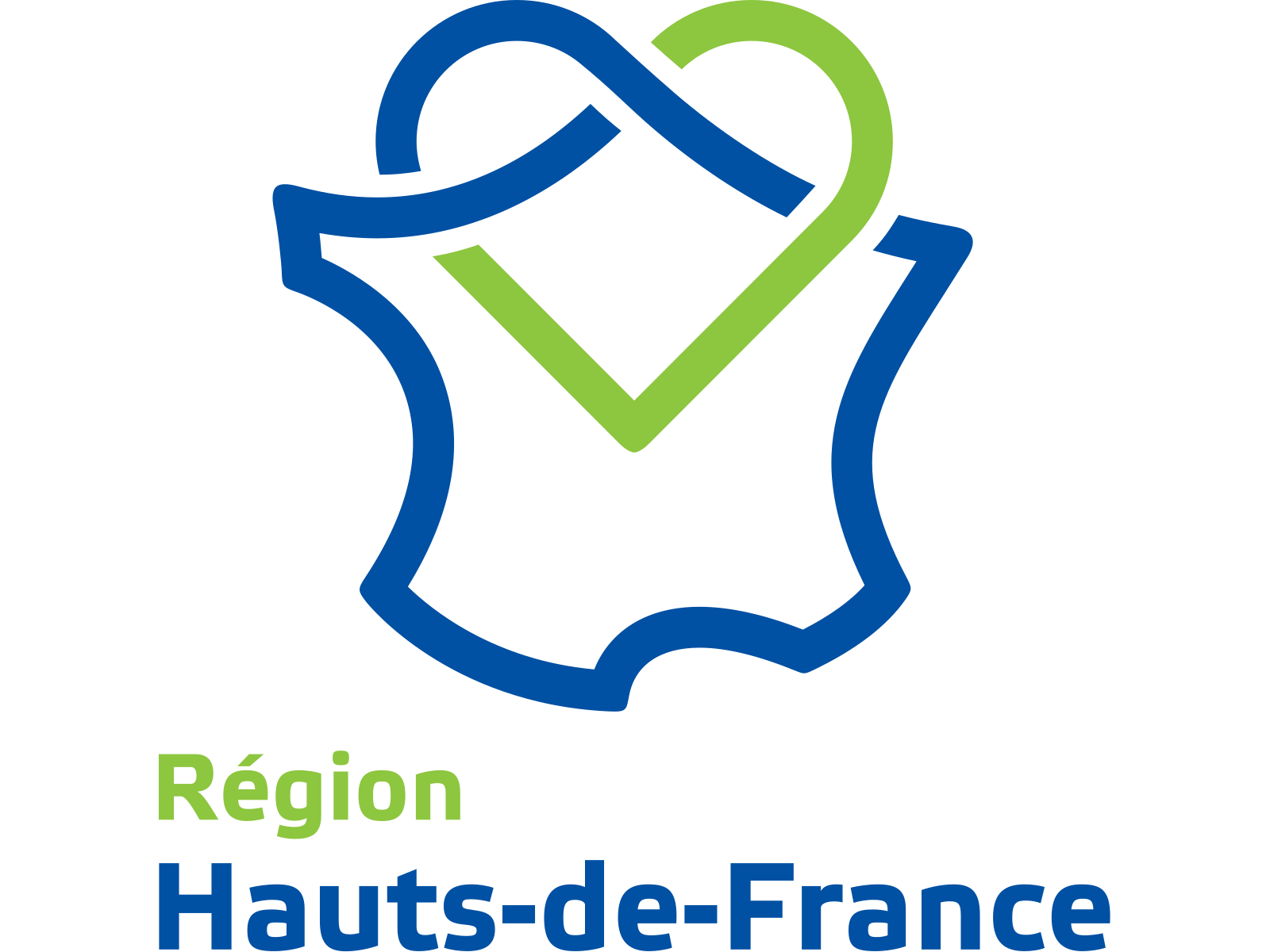 Logo de la région Hauts-de-France, avec les couleurs bleues et vertes afin d'unir le Nord-Pas-de-Calais et la Picardie, la terre et la mer.