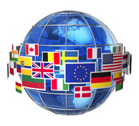 world graphic with flags surrounding it