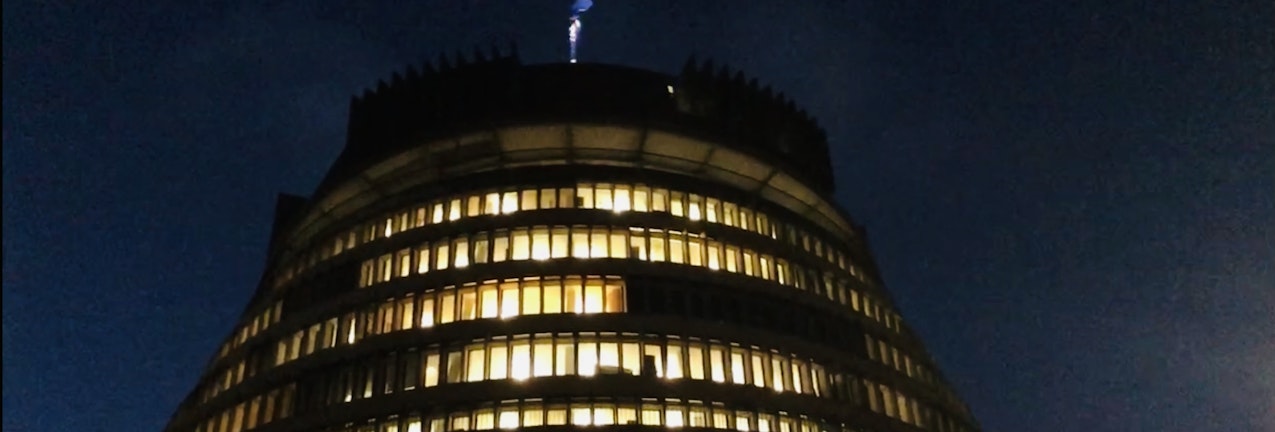 New Zealand's executive building, the Beehive, at night