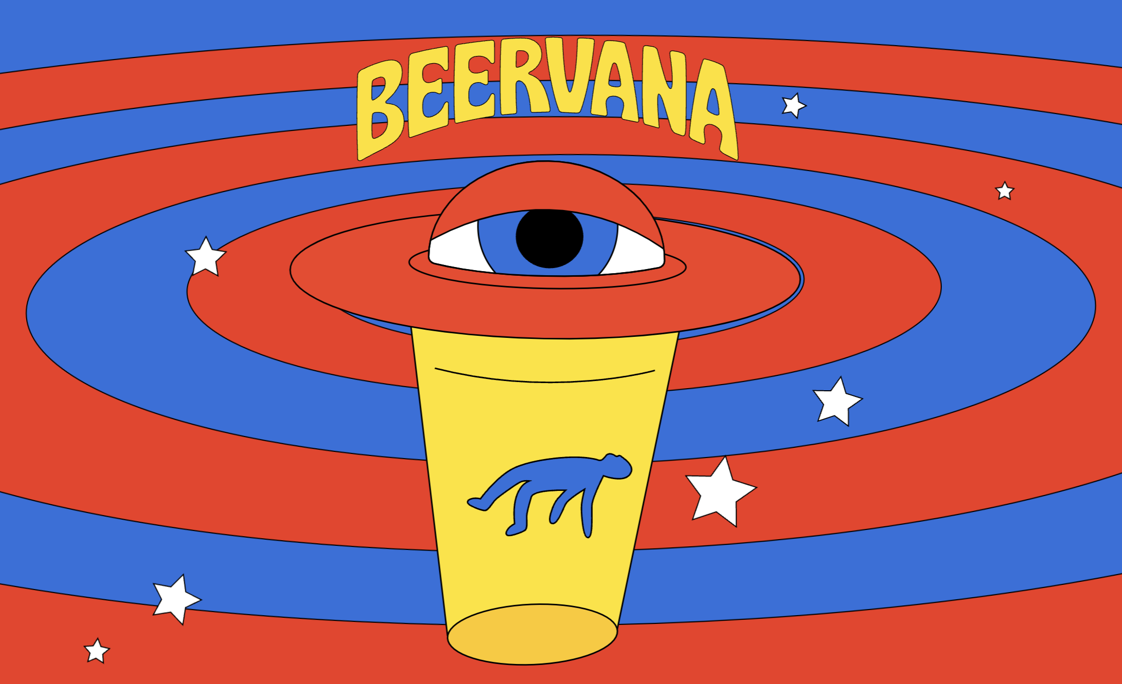 Trippy Beervana branding with an eye alien abducting a person 