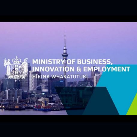 Logo for Ministry of Business, Innovation, and Employment set against a backdrop of the Auckland City skyline