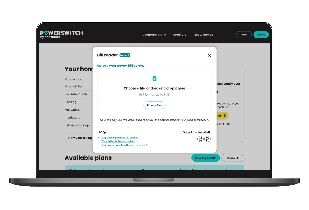Powerswitch webpage where users can upload their bill for better savings advice