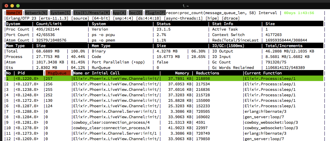 observer_cli home view sorted by message queue (MsgQueue) size showing some backed-up LV processes