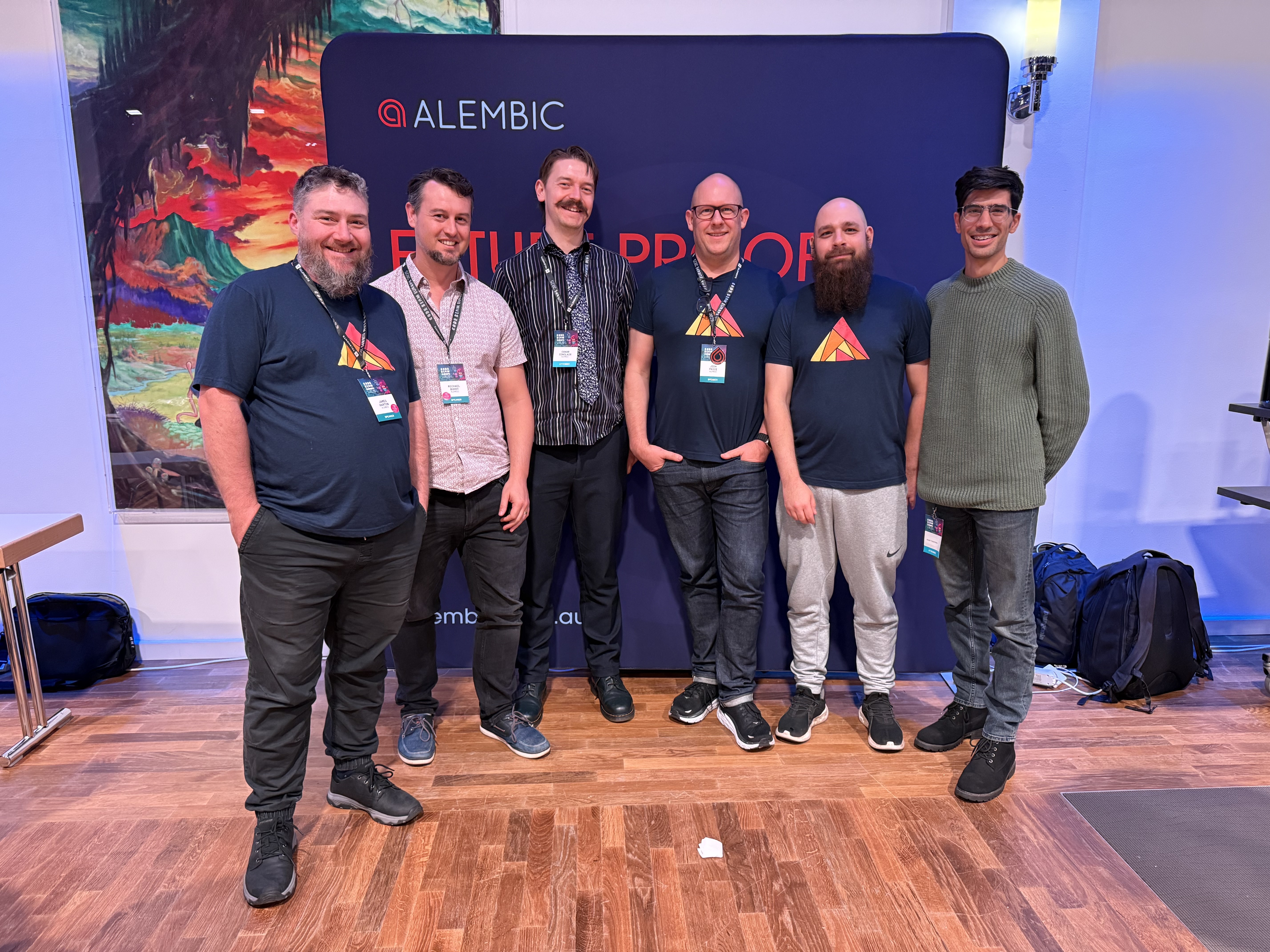 CodeBEAM EU 2025 - Alembic Team. Left to right: James Harton, Michael Buhot, Conor Sinclair, Josh Price, Barnabas Jovanovics, Joseph Yiasemides