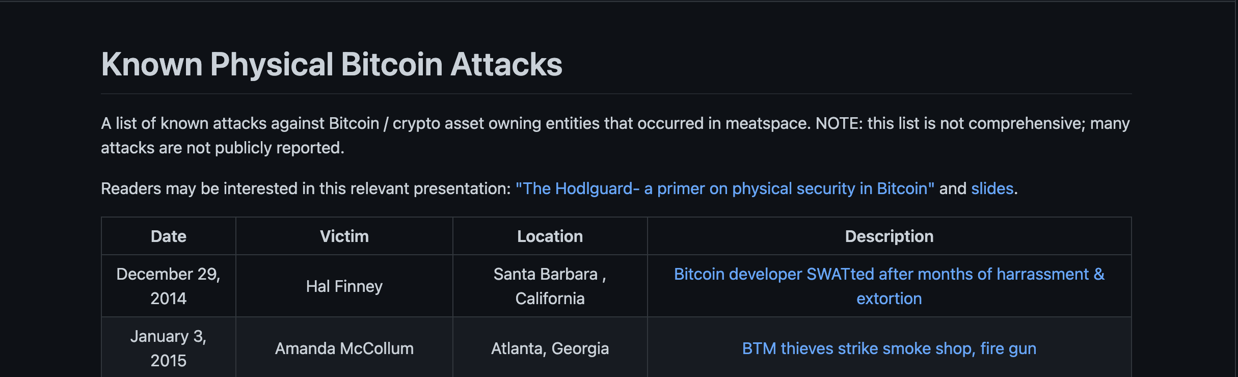 Known Physical Bitcoin Attacks