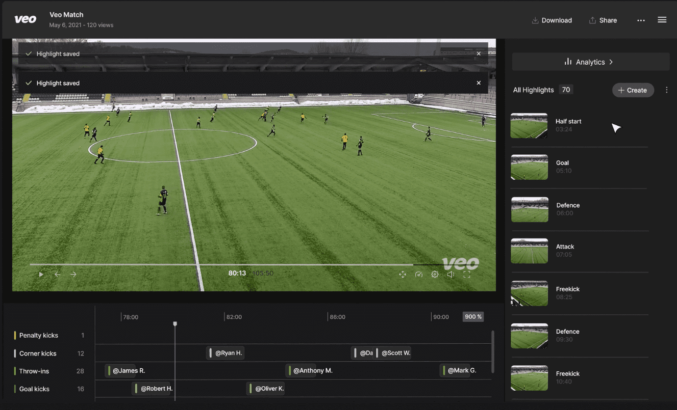 Veo Technologies video editor interface, allowing for in-depth soccer match analysis