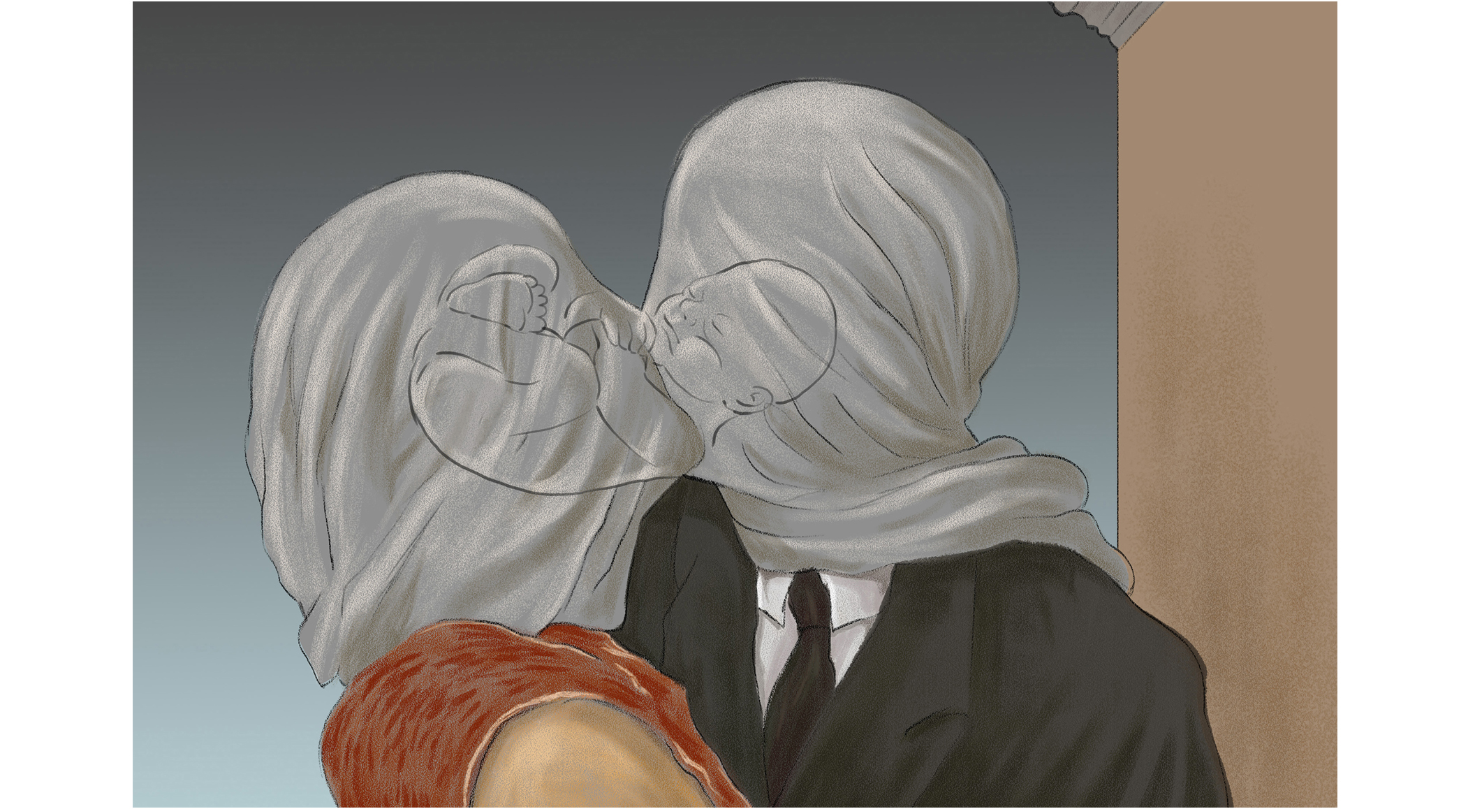 Saad Hajo, 2022, blandteknik, parafras på The lovers av René Magritte