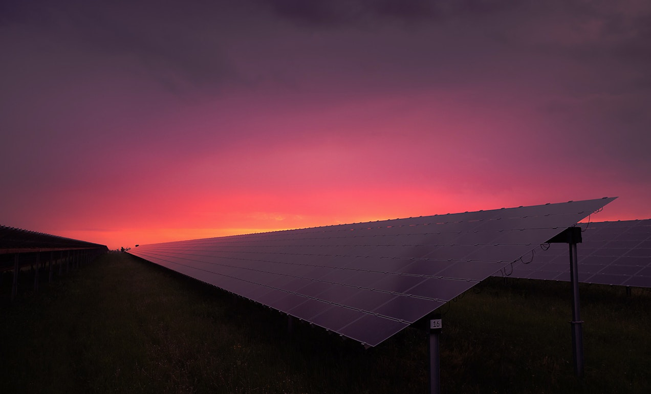 Solar panels in sun set