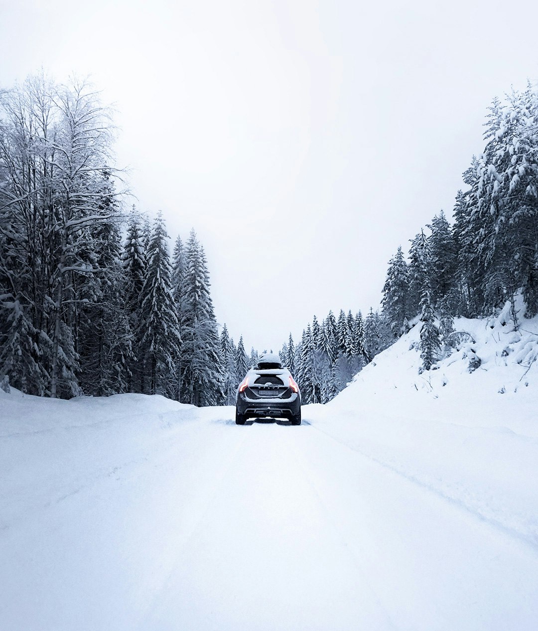 Rear of a car driving with roof rack and box in a snowy winter landscape