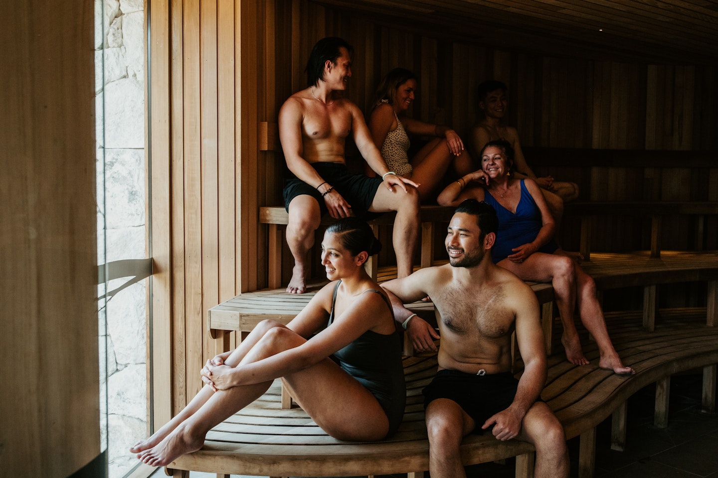 a group of friends in a sauna