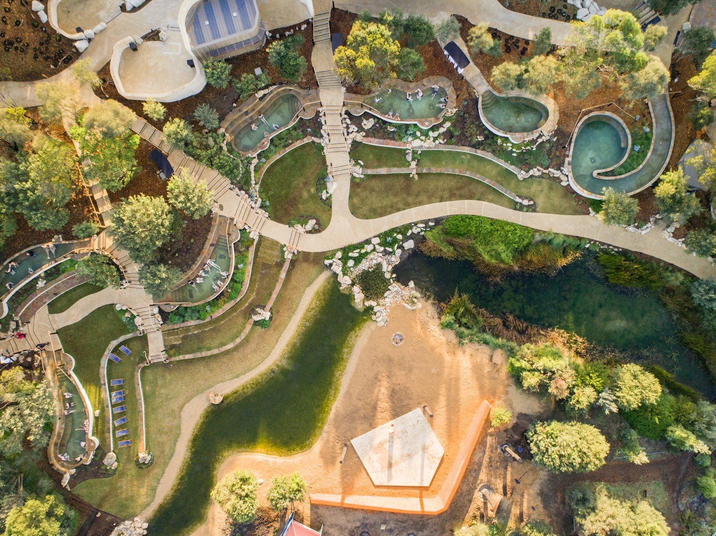 Aerial view of bath house amphitheatre with hot pools and stage in view