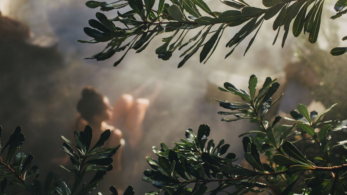 aerial view through foliage of woman sitting in geothermal waters 