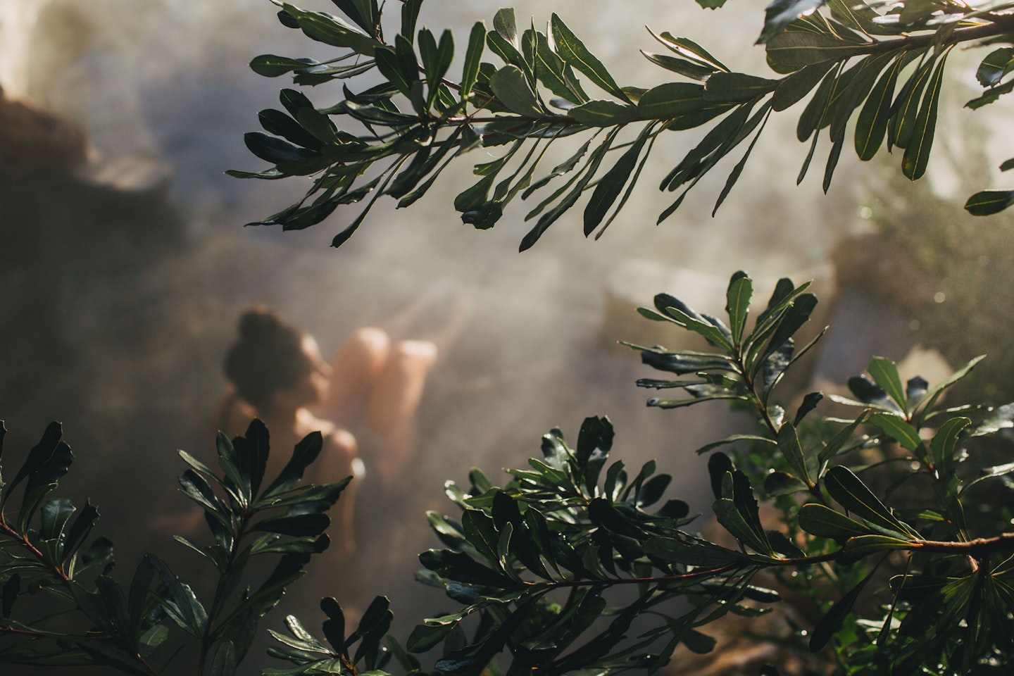 aerial view through foliage of woman sitting in geothermal waters 