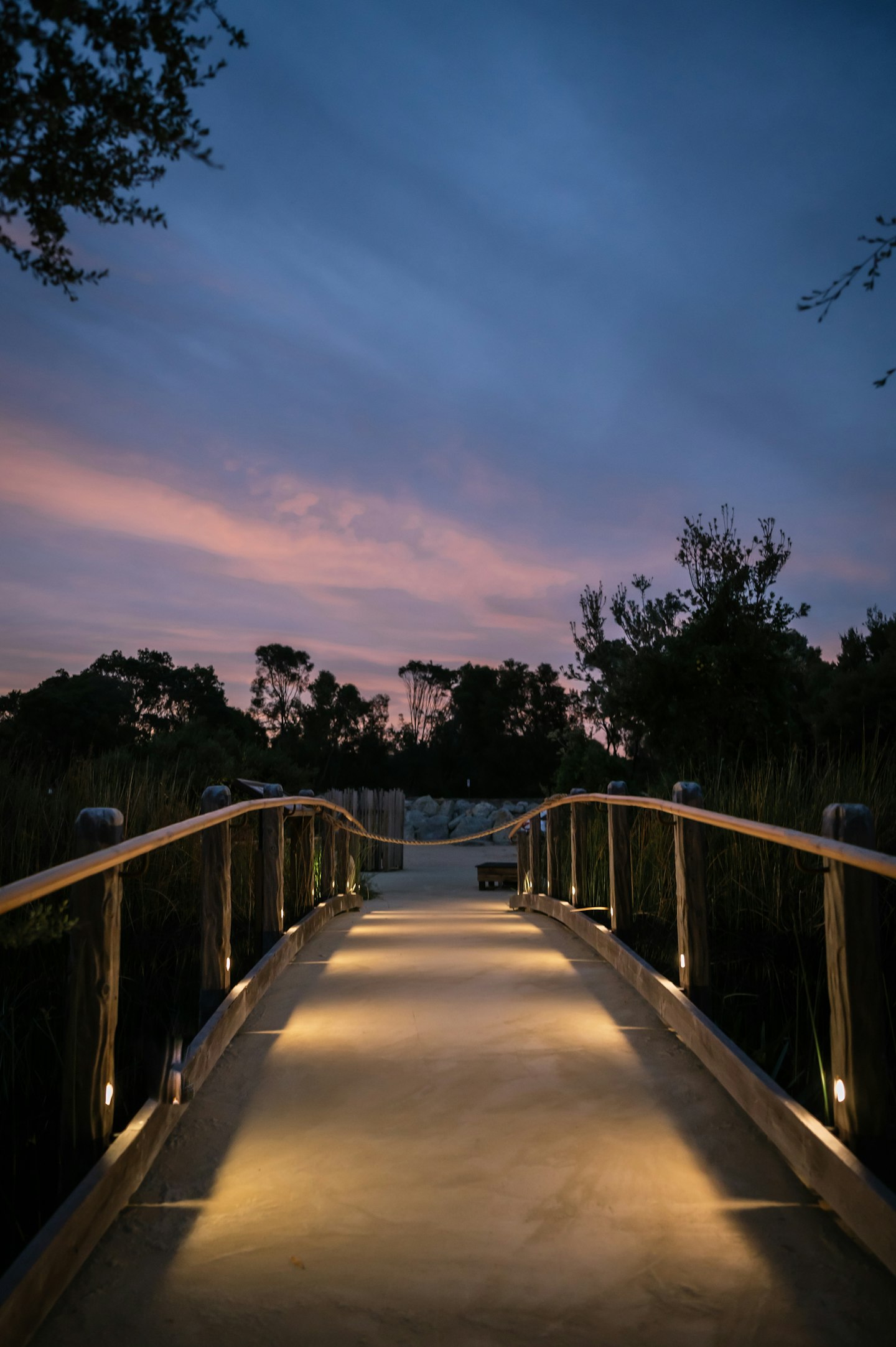 path in bath house amphitheatre at night with pink sky