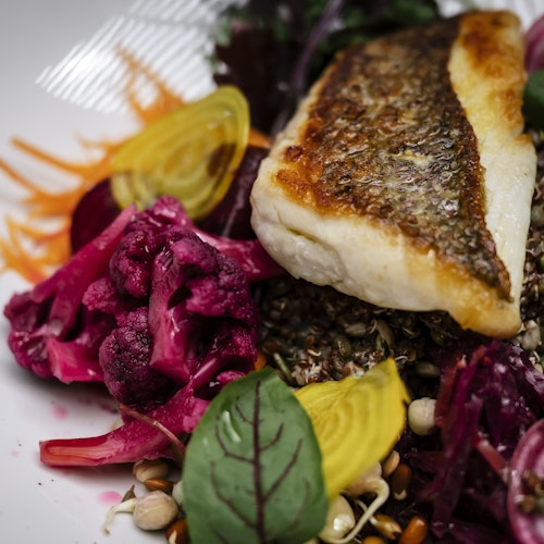 piece of fish sitting on a bed of beetroot, quinoa and garnished with beetroot leaves