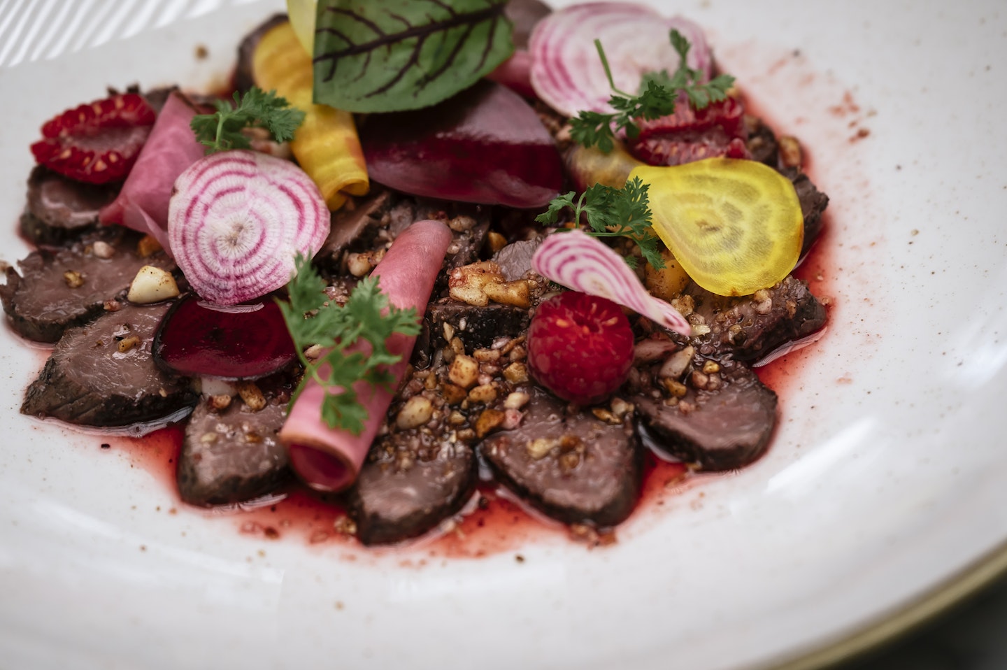 Kangaroo carpaccio on dinner plate with colourful salad