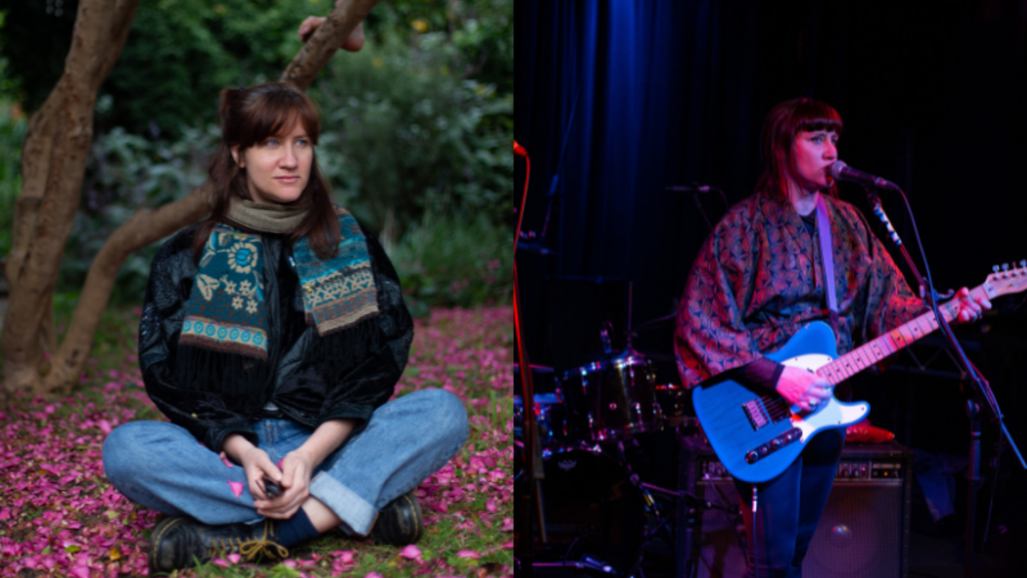 side by side image of woman sitting in nature and onstage with guitar