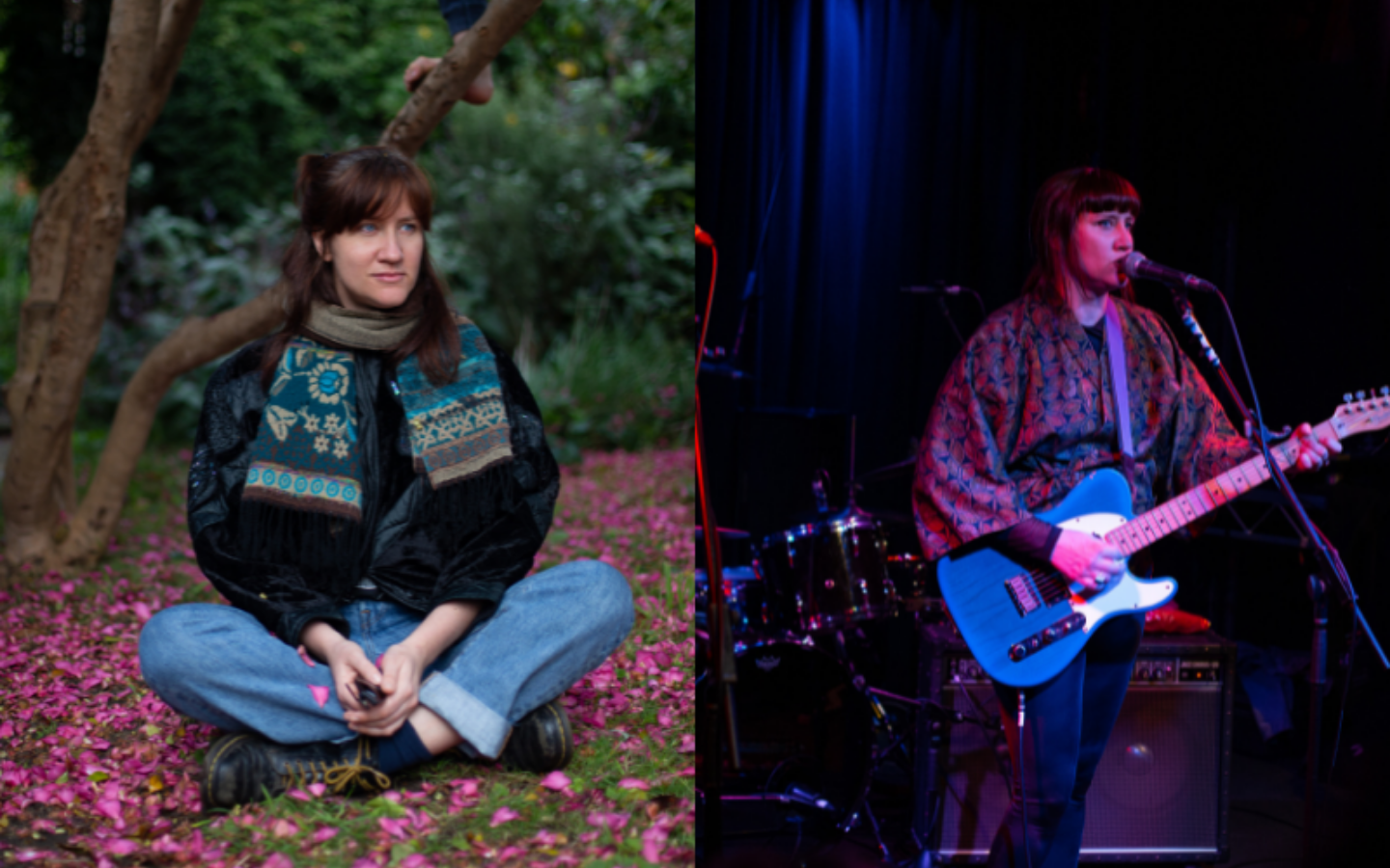 side by side image of woman sitting in nature and onstage with guitar
