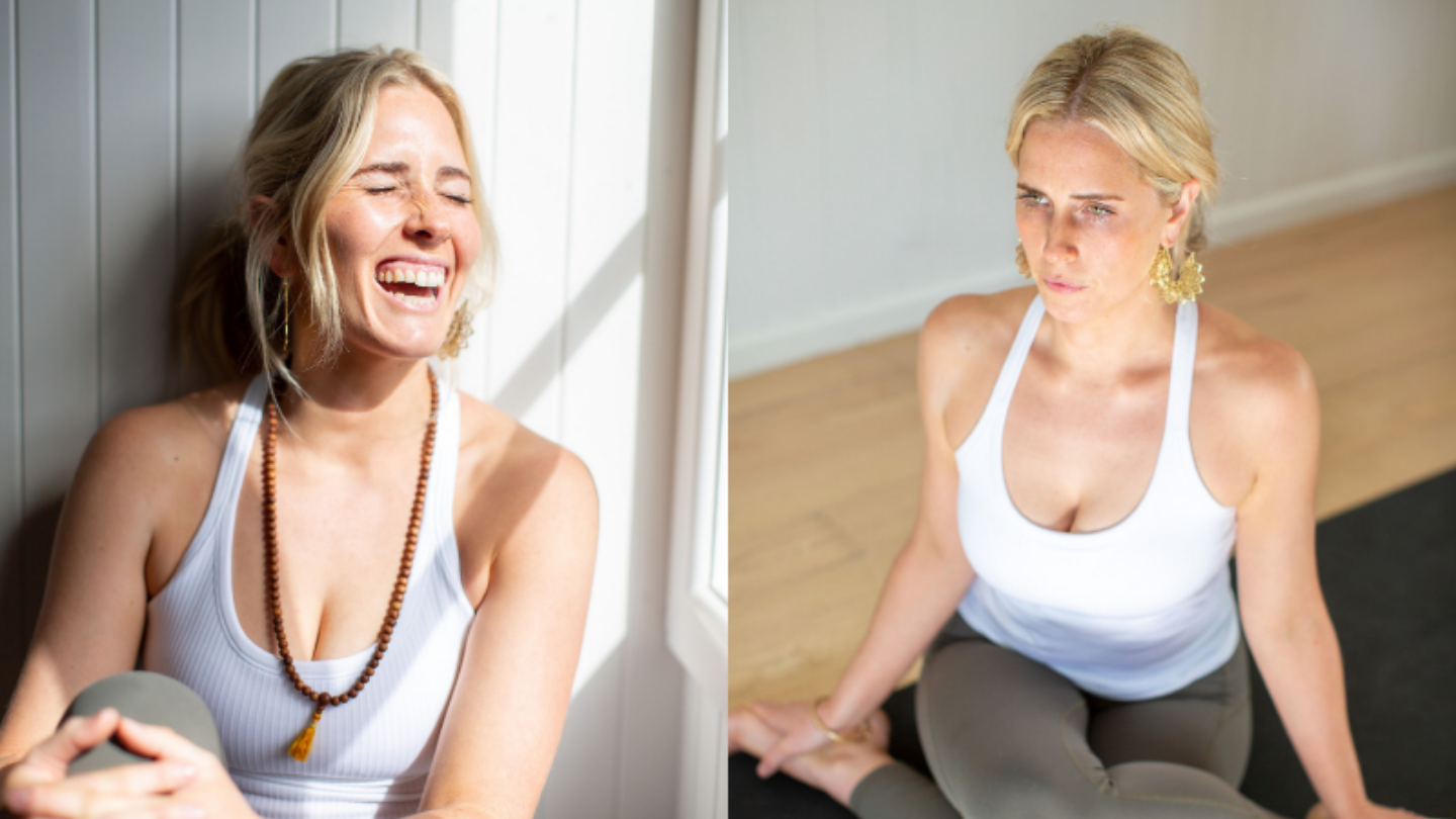 side by side images of happy yoga lady