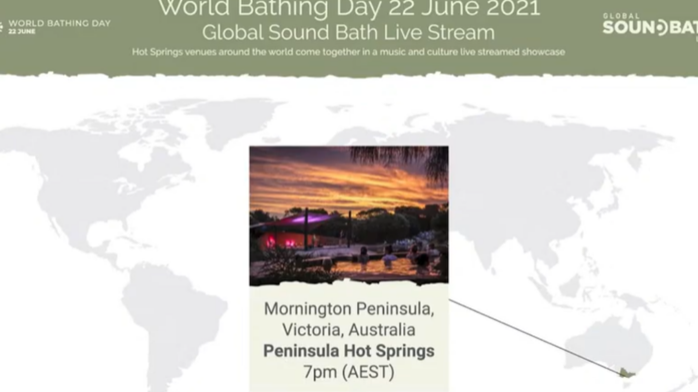 Global Sound Bath video thumbnail showing peninsula hot springs on a map
