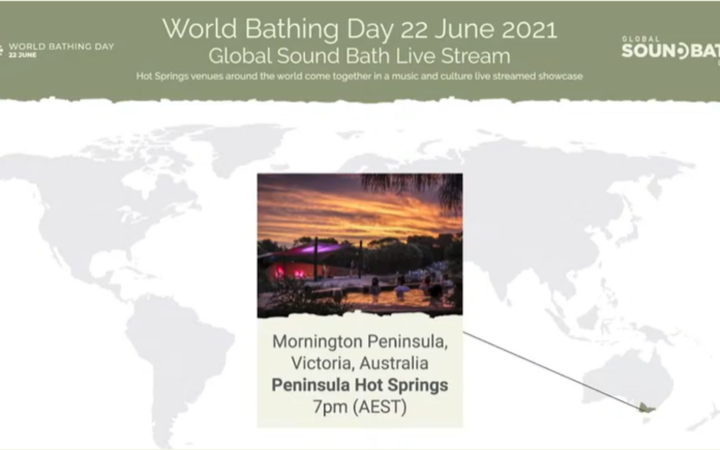Global Sound Bath video thumbnail showing peninsula hot springs on a map