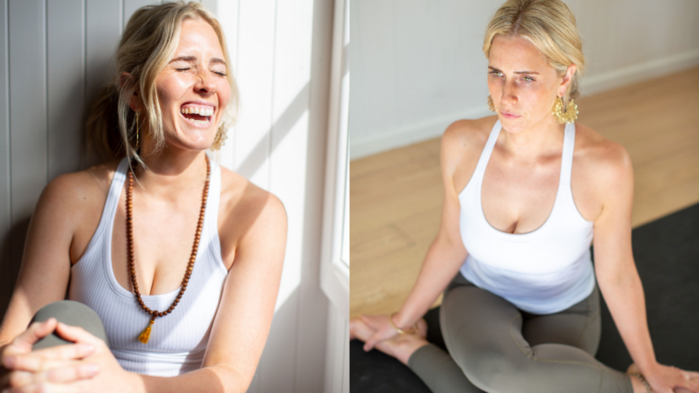 Split photo: Left hand side image of woman laughing sitting on the floor against a wall. Second image of woman cross legged in yoga pose.